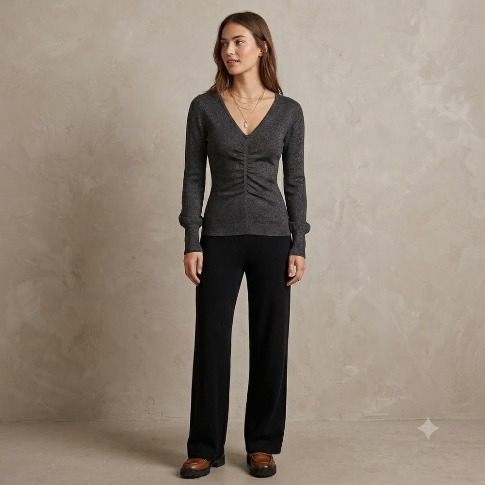 Laundry by Shelli Segal Sweater Women Black Metallic Ruched V-Neck Long Sleeve